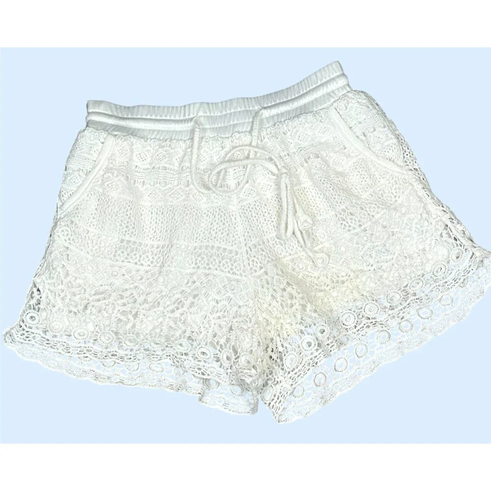 Crochet White Shortie Shorts Small Drawstring Lined Pockets Boho Coastal Cowgirl